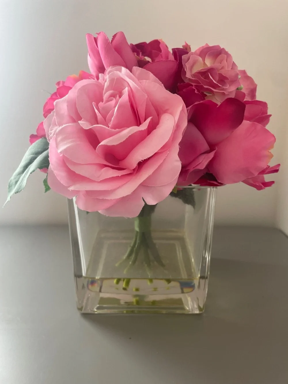 Pink Artificial Rose Bouquet in Clear Square Vase